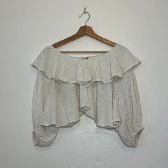 Free People – Zuri White Gauze Open Back Ruffle Puff Sleeve Cropped Blouse - Picture 1 of 14